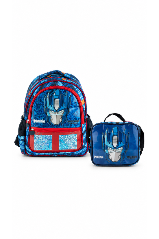 Transformers Optimus Prime Lisanslı PVC Ön Panelli İlkokul Çantası ve Beslenme Çantası İkili Okul Seti Mavi