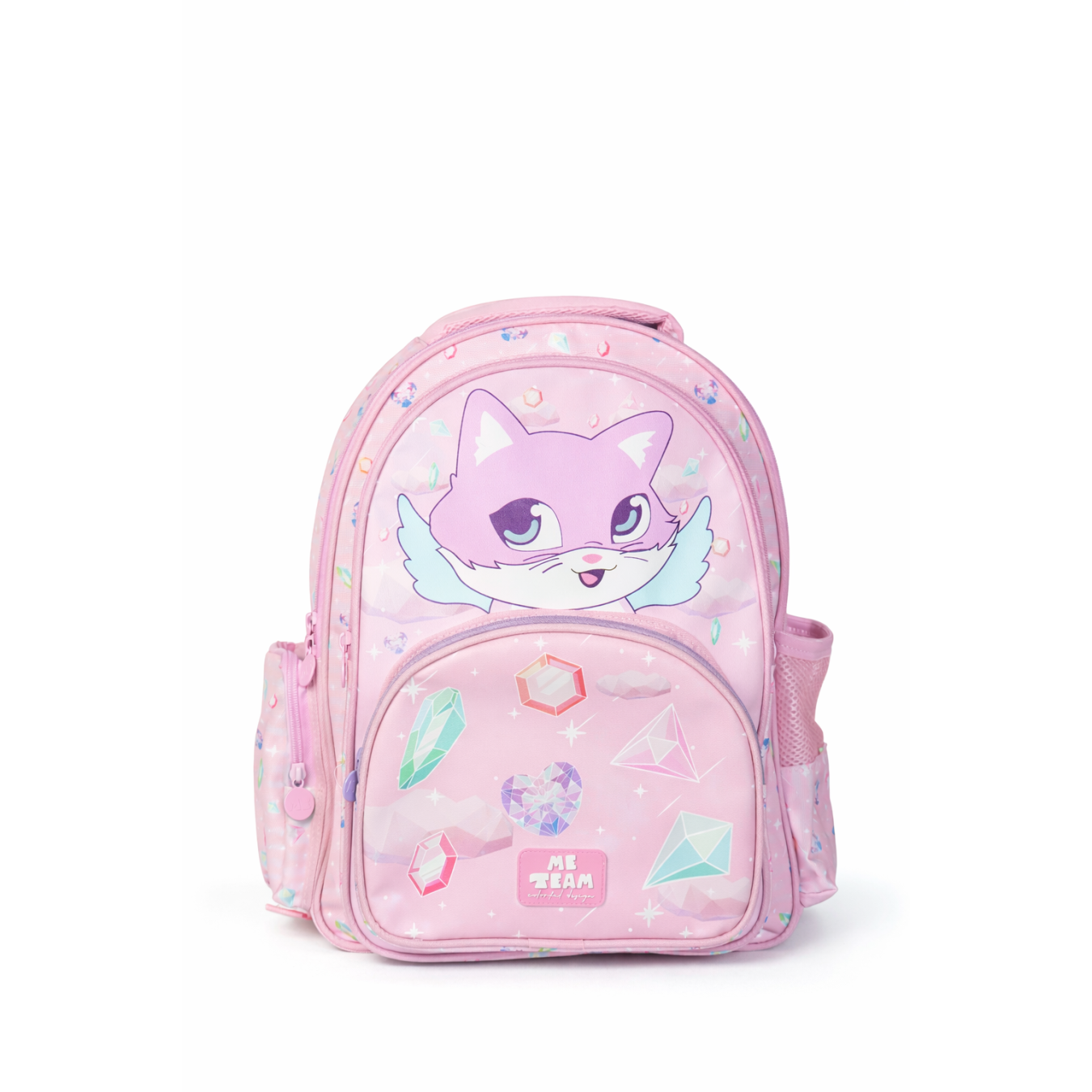 ME TEAM Pembe Kedi ve Kristal Desenli İlkokul Çantası ve Beslenme Çantası İkili Okul Seti Pembe