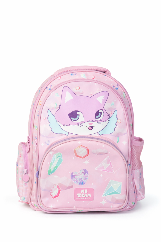 ME TEAM Pembe Kedi ve Kristal Desenli İlkokul Çantası ve Beslenme Çantası İkili Okul Seti Pembe