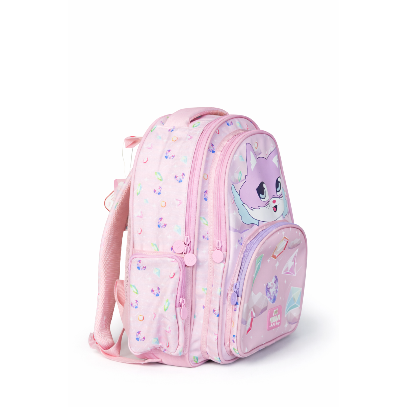 ME TEAM Pembe Kedi ve Kristal Desenli İlkokul Çantası ve Beslenme Çantası İkili Okul Seti Pembe