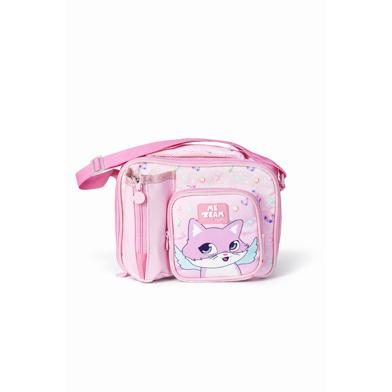 ME TEAM Pembe Kedi ve Kristal Desenli İlkokul Çantası ve Beslenme Çantası İkili Okul Seti Pembe