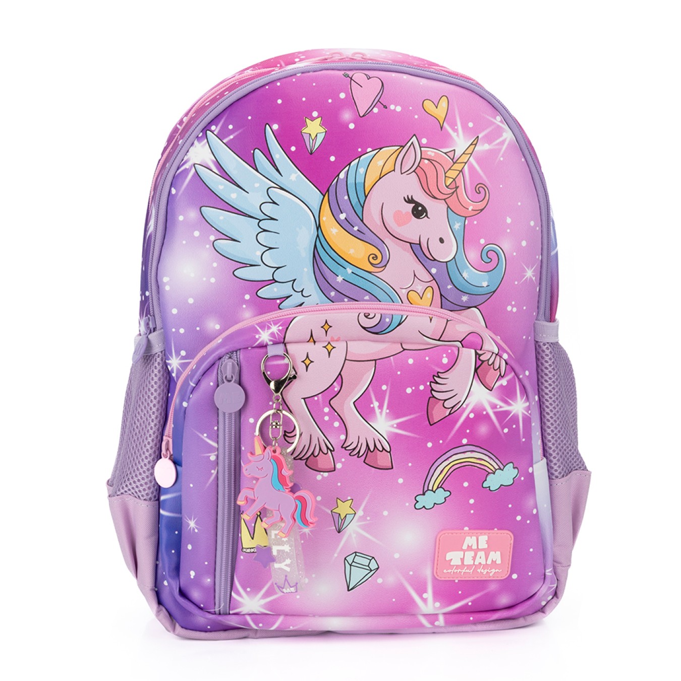 Me Team Unicorn Gökkuşağı ve Tekboynuz Baskılı İlkokul Çantası Beslenme Çantası ve Kalemlik Üçlü Okul Seti Pembe