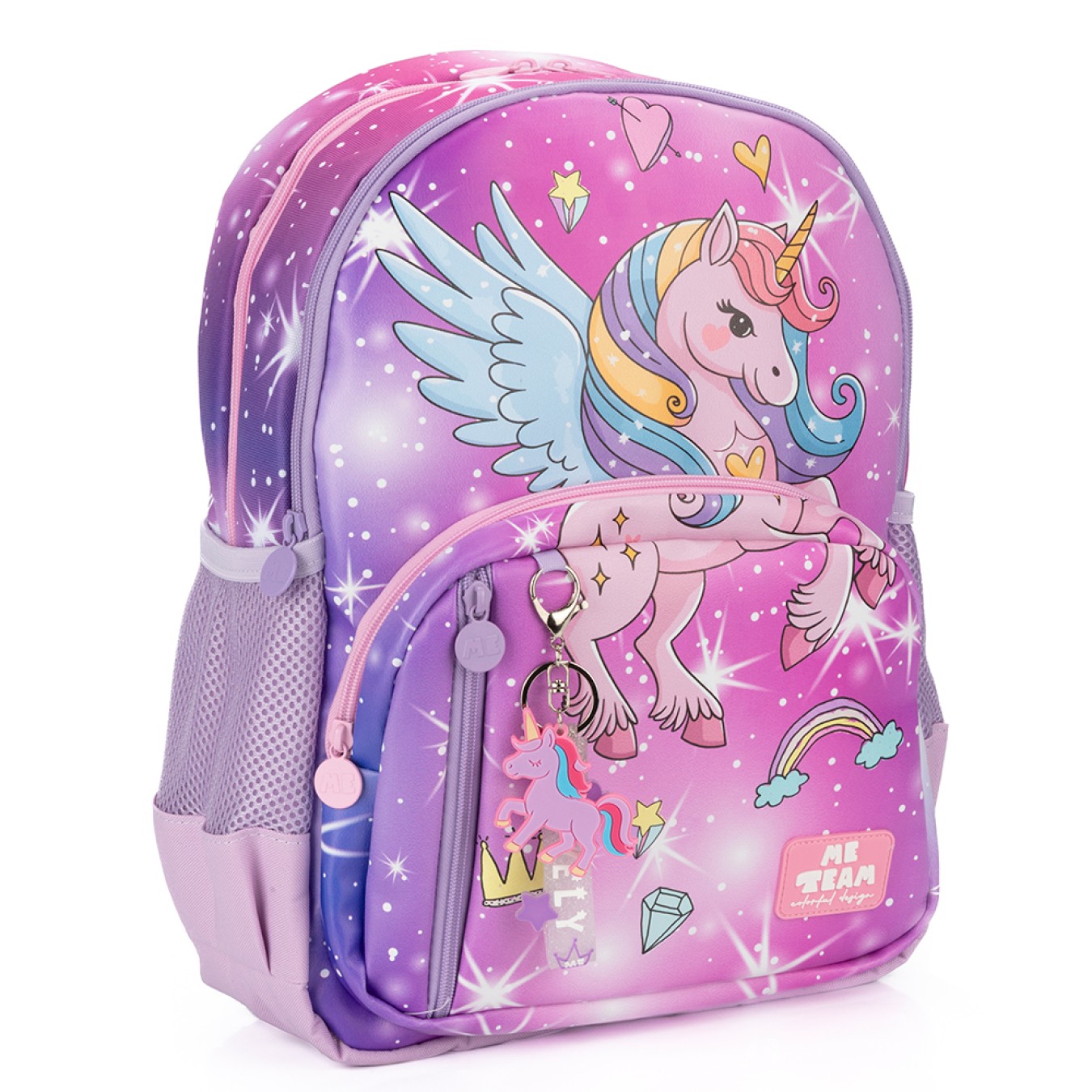 Me Team Unicorn Gökkuşağı ve Tekboynuz Baskılı İlkokul Çantası Beslenme Çantası ve Kalemlik Üçlü Okul Seti Pembe