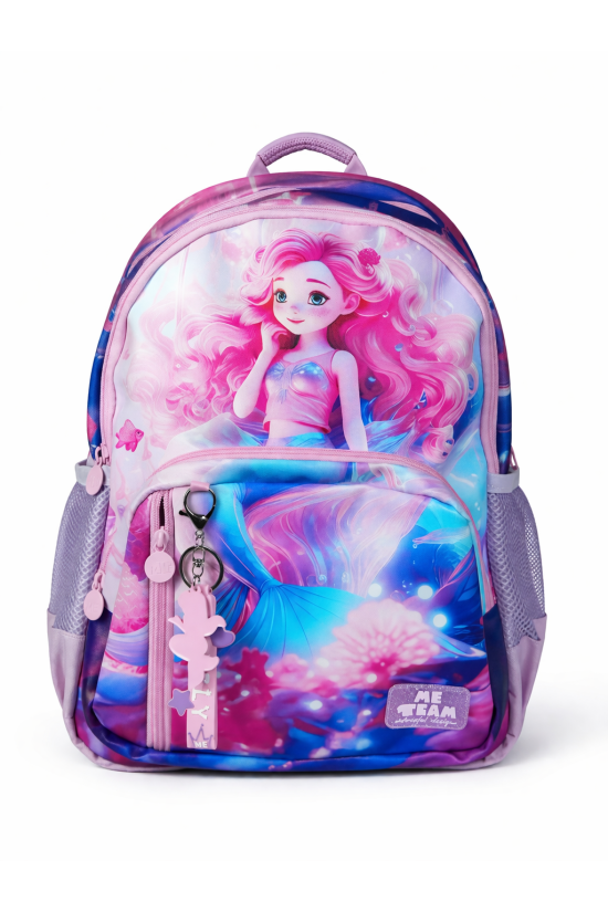 Me Team Mermaid Deniz Kızı Baskılı İlkokul Çantası Beslenme Çantası ve Kalemlik Üçlü Okul Seti Pembe