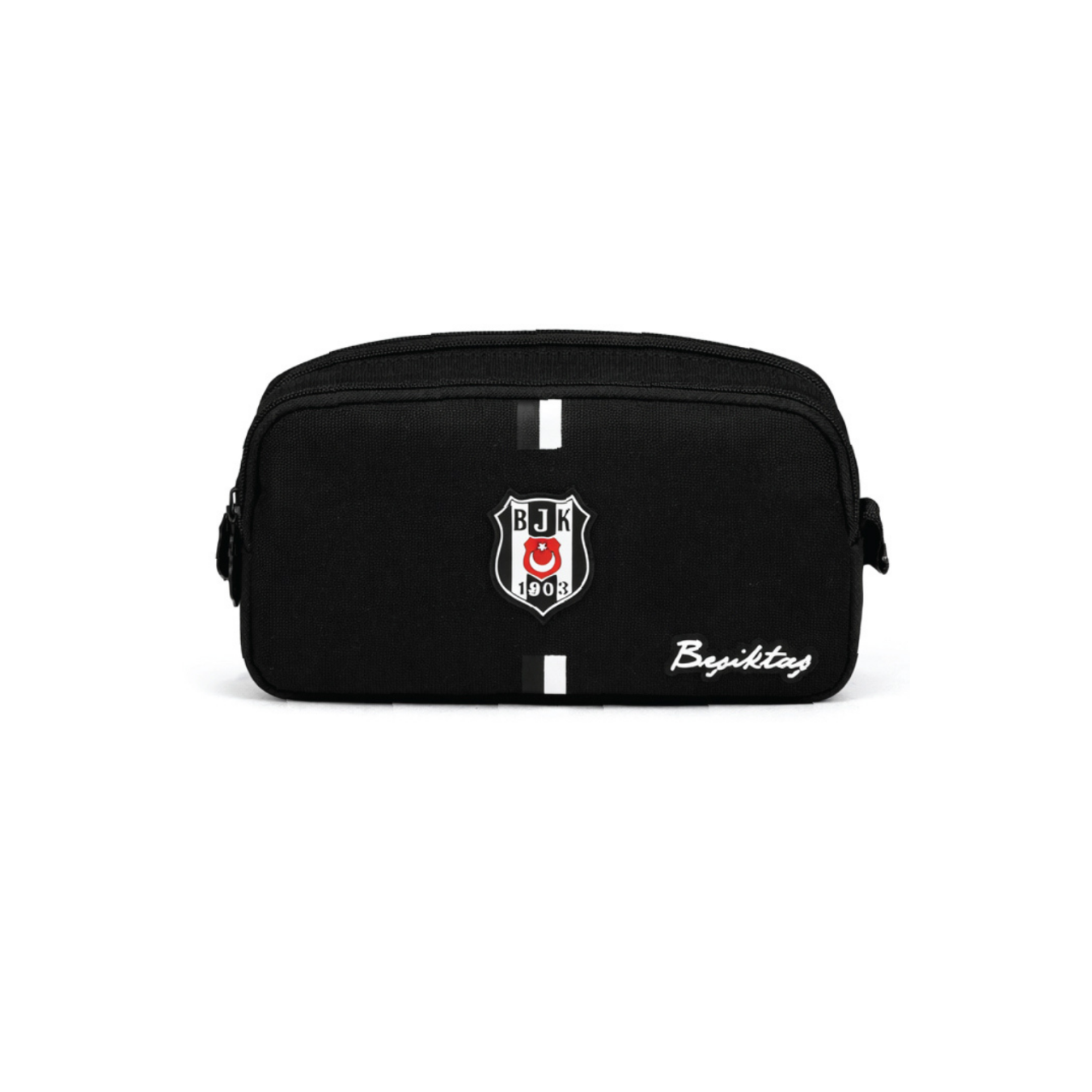Beşiktaş Lisanslı Kanvas Kalemlik - Siyah Beyaz Çizgili 2 Bölmeli Kalem Çantası