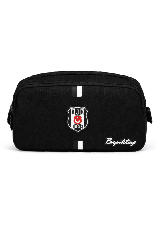 Beşiktaş Lisanslı Kanvas Kalemlik - Siyah Beyaz Çizgili 2 Bölmeli Kalem Çantası