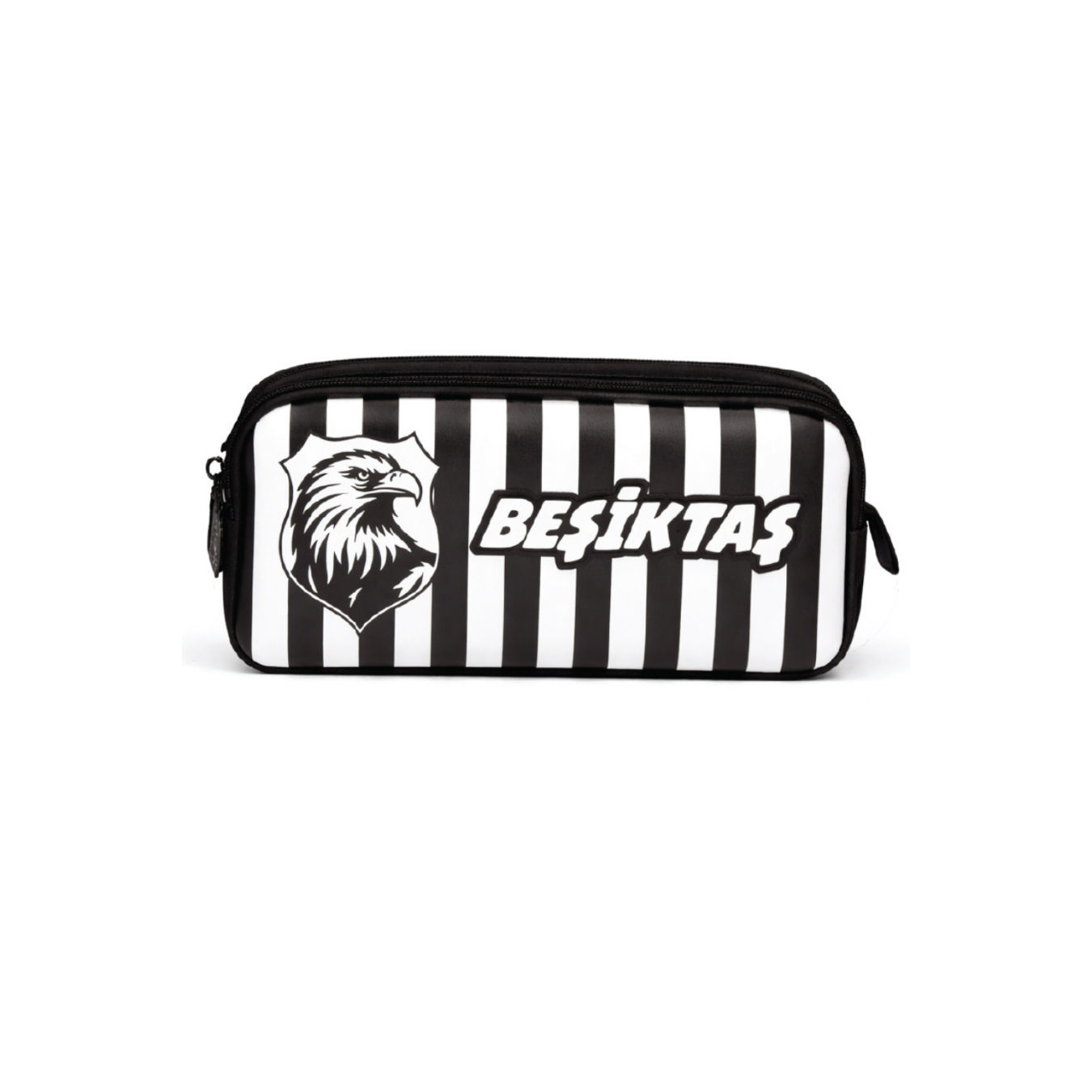 Beşiktaş Lisanslı Siyah Beyaz Çizgili Kalemlik - Karakartal Logolu 2 Bölmeli Su İtici Kumaşlı Kalem Çantası