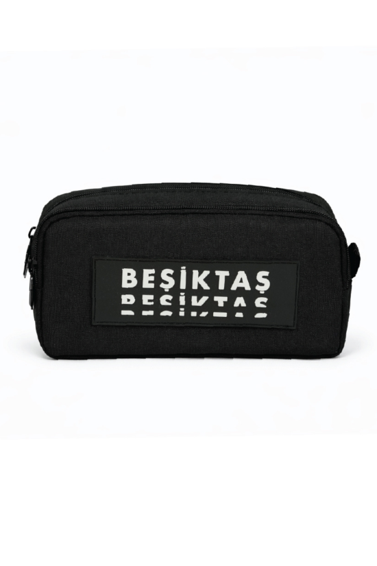 Beşiktaş Lisanslı Siyah Yazılı Kalemlik - Çift Bölmeli Su İtici Kumaşlı Kalem Çantası