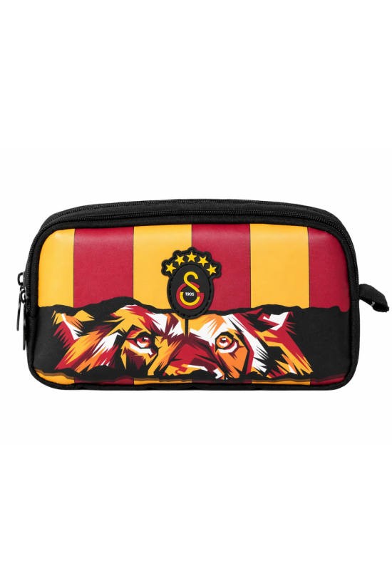 Galatasaray Lisanslı Aslan Gözü Desenli Çift Bölmeli Kalemlik - Rubber Logolu Su İtici Kumaşlı Kalem Kutusu