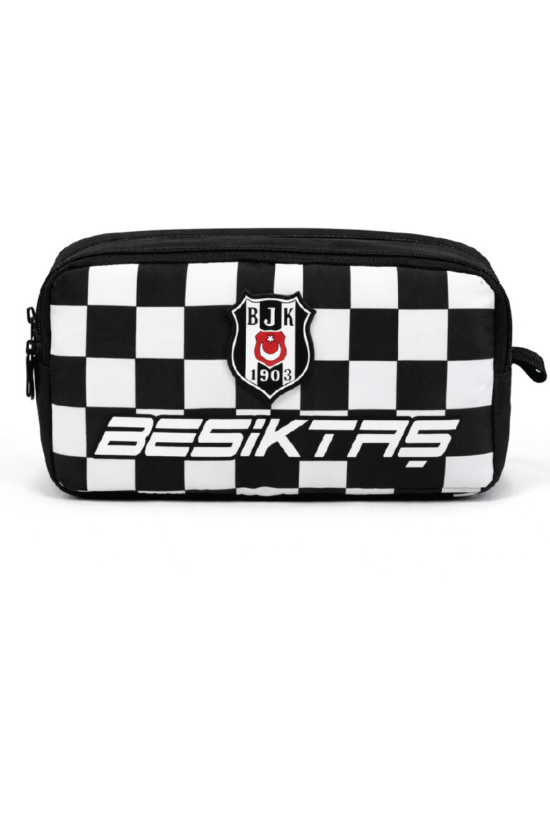 Lisanslı BJK Kare Desenli Kalem Çantası – Çift Bölmeli Su Geçirmez Kumaş Kalemlik