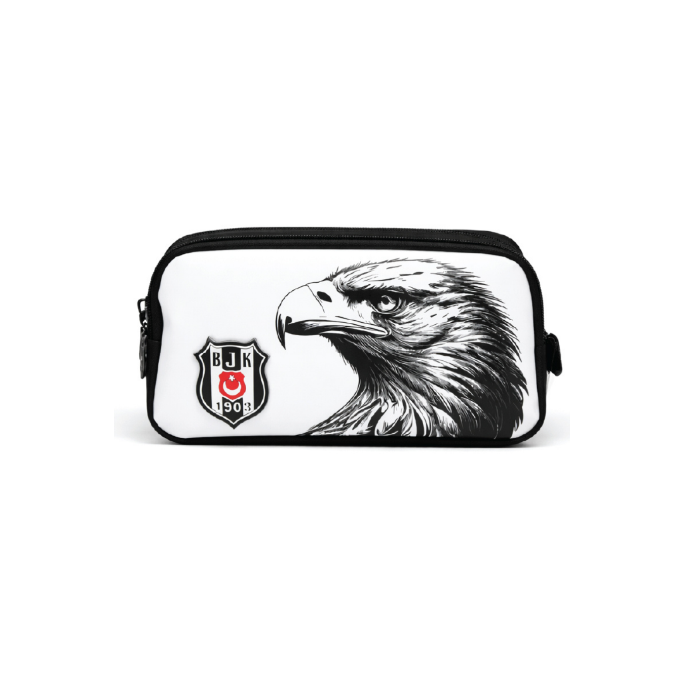 Beşiktaş Lisanslı Çift Bölmeli Kartal Desenli Kalemlik - Rubber Logolu Su İtici Kumaşlı Kalem Kutusu
