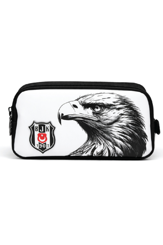 Beşiktaş Lisanslı Çift Bölmeli Kartal Desenli Kalemlik - Rubber Logolu Su İtici Kumaşlı Kalem Kutusu