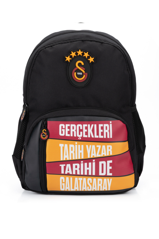 Galatasaray Lisanslı Suni Deri Detaylı Okul Çantası - Siyah Çok Bölmeli Sırt Çantası