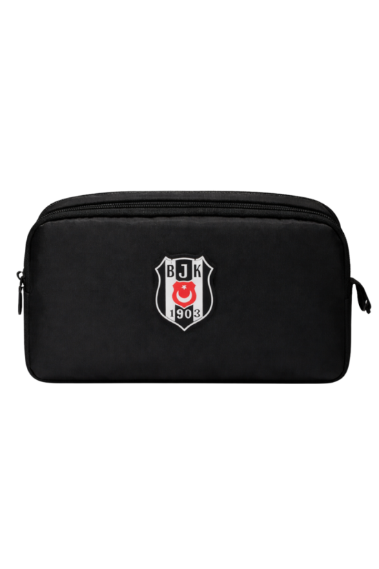 Beşiktaş Lisanslı Rubber Logo Kalemlik - Siyah Su İtici Kumaşlı Çift Bölmeli Kalem Çantası