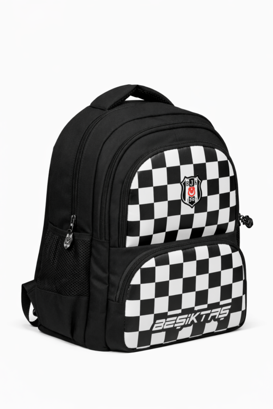 Beşiktaş Lisanslı 4 Bölmeli Dama Desenli Okul Çantası - Rubber Logolu Su İtici Kumaşlı Okul Sırt Çantası