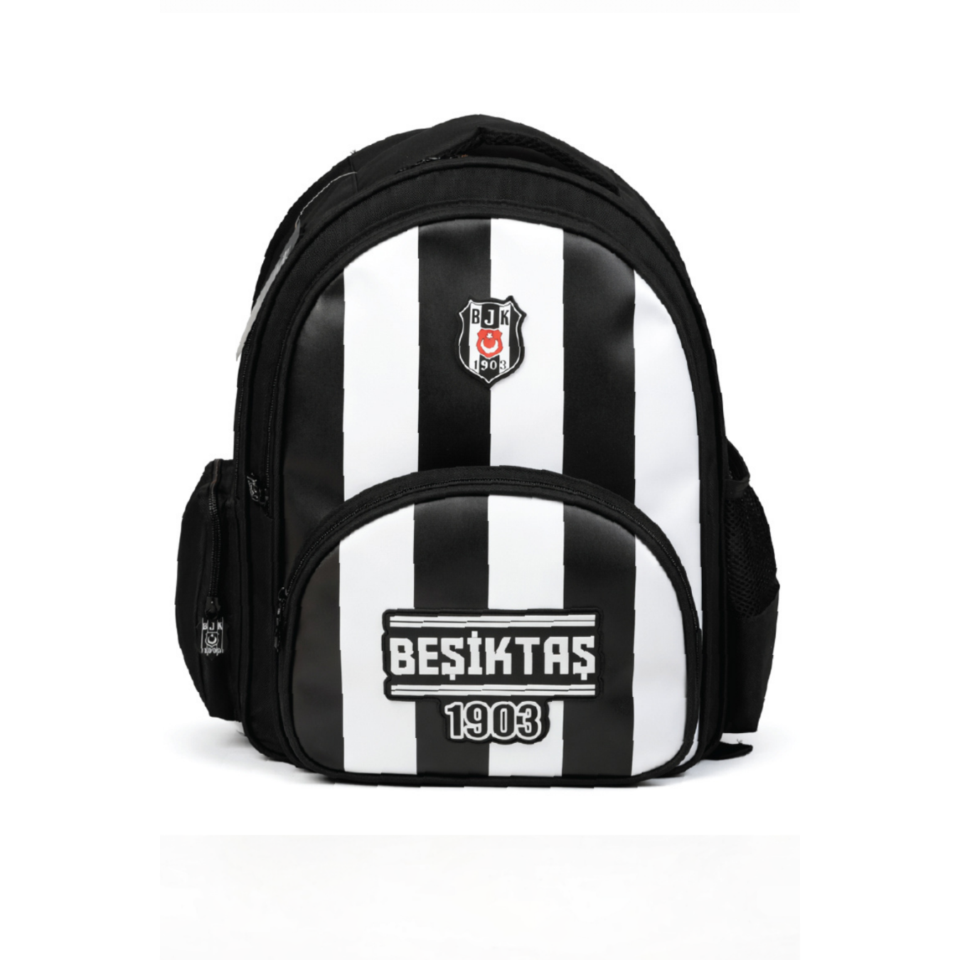 Beşiktaş Lisanslı 3 Bölmeli Çubuklu Desen Okul Çantası - Rubber Logolu Su İtici Kumaşlı Sırt Çantası