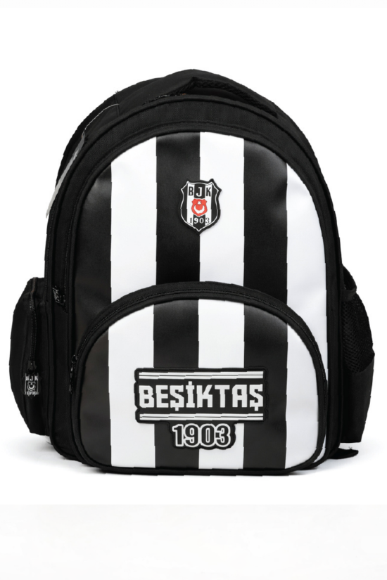 Beşiktaş Lisanslı 3 Bölmeli Çubuklu Desen Okul Çantası - Rubber Logolu Su İtici Kumaşlı Sırt Çantası