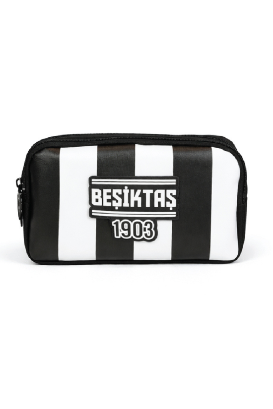 Beşiktaş Lisanslı Çift Bölmeli Çubuklu Desen Kalemlik - Rubber Logolu Su İtici Kumaşlı Kalem Kutusu
