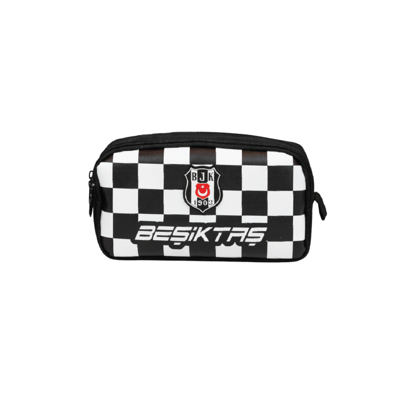 Beşiktaş Lisanslı Çift Bölmeli Dama Desenli Kalemlik - Rubber Logolu Su İtici Kumaşlı Kalem Çantası