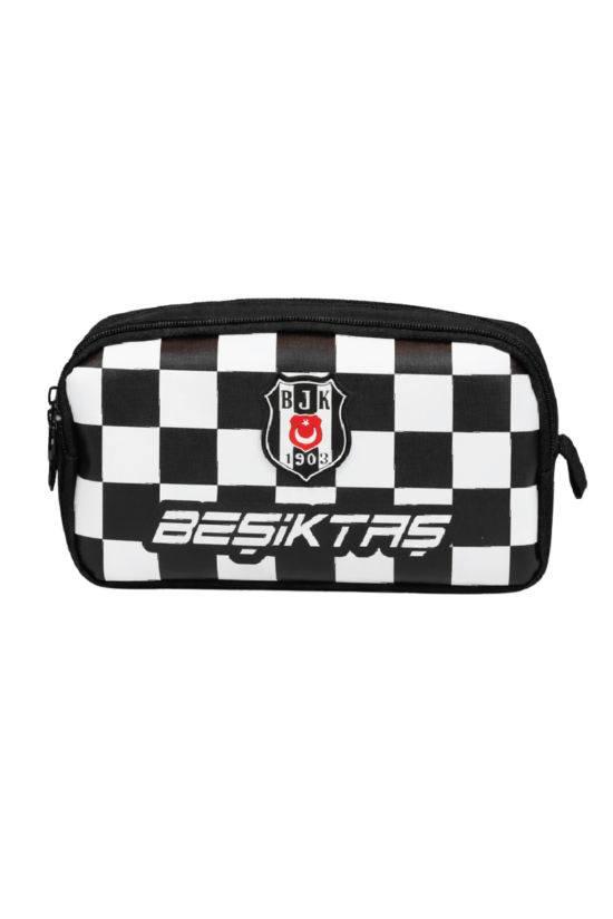 Beşiktaş Lisanslı Çift Bölmeli Dama Desenli Kalemlik - Rubber Logolu Su İtici Kumaşlı Kalem Çantası