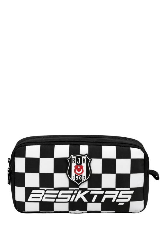 Lisanslı BJK Kare Desenli Kalem Çantası – Çift Bölmeli Su Geçirmez Kumaş Kalemlik