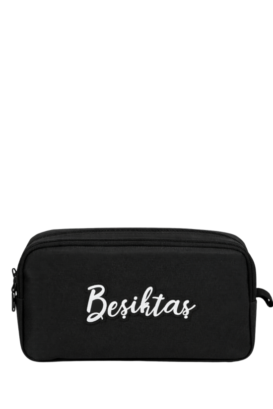 Beşiktaş Lisanslı Çift Bölmeli Kalemlik - Rubber Yazı Logolu Su İtici Siyah Kalem Kutusu