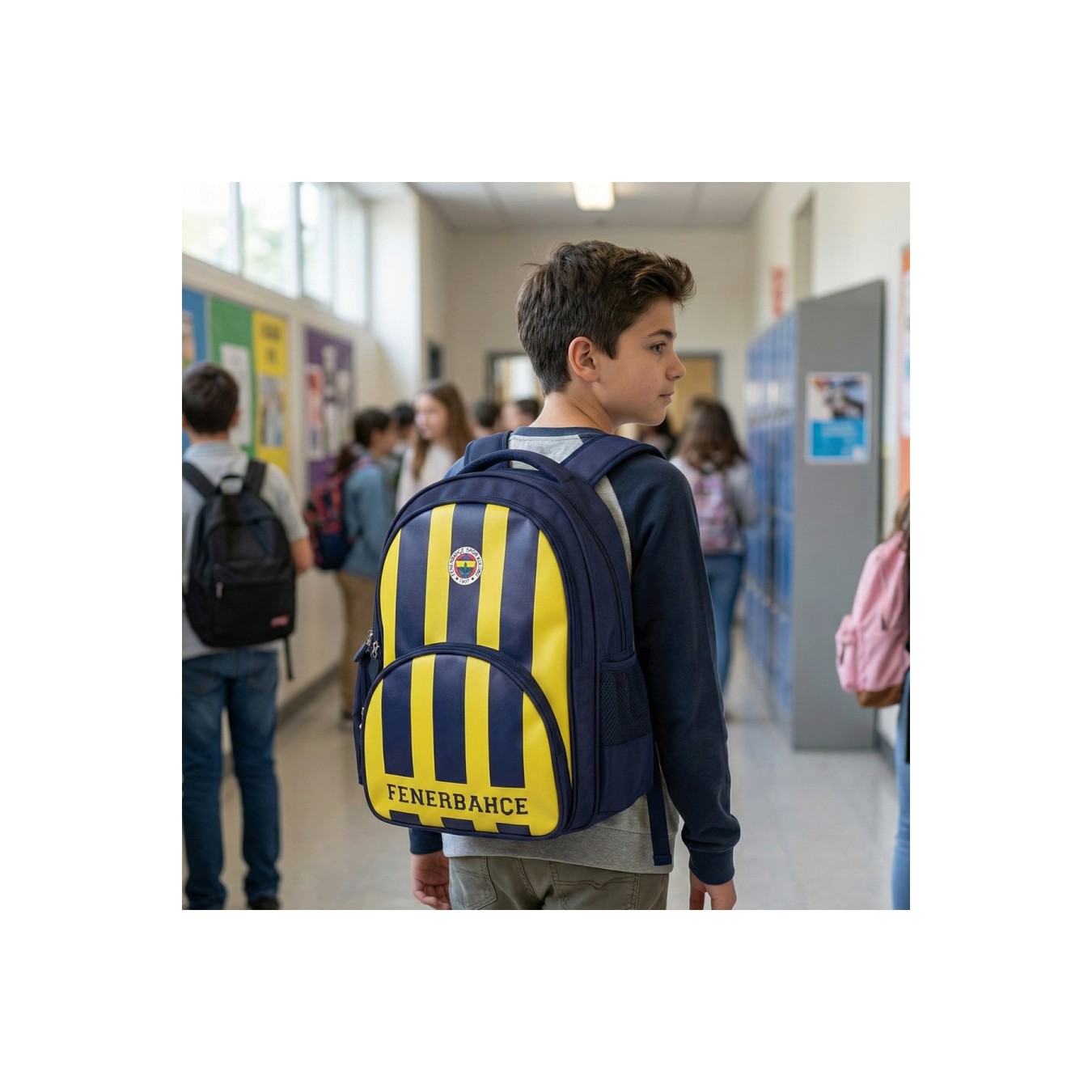 Fenerbahçe Lisanslı Çok Bölmeli Sarı Lacivert Orijinal Suni Deri Okul çantası