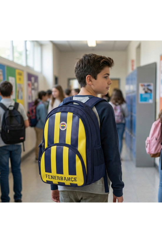Fenerbahçe Lisanslı Çok Bölmeli Sarı Lacivert Orijinal Suni Deri Okul çantası