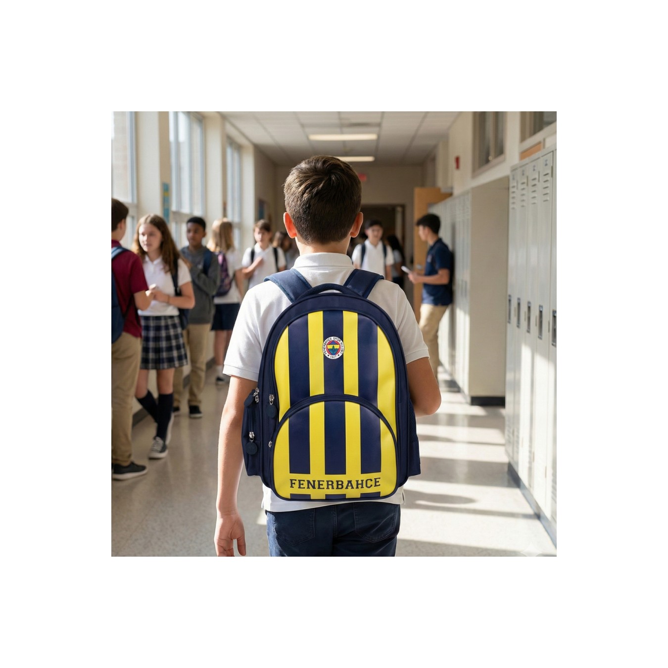 Fenerbahçe Lisanslı Çok Bölmeli Sarı Lacivert Orijinal Suni Deri Okul çantası