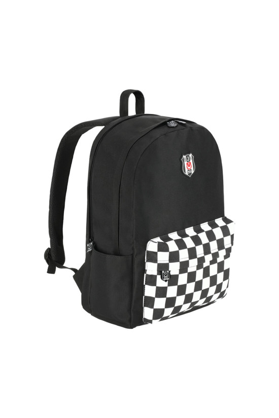 Beşiktaş Lisanslı Dama Desenli Ön Cep Detaylı Siyah Orijinal Sırt çantası