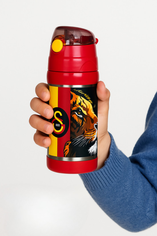 Galatasaray Lisanslı Aslan Figürlü kırmızı Orijinal 425ml Çelik Matara (Boyun Askılı)