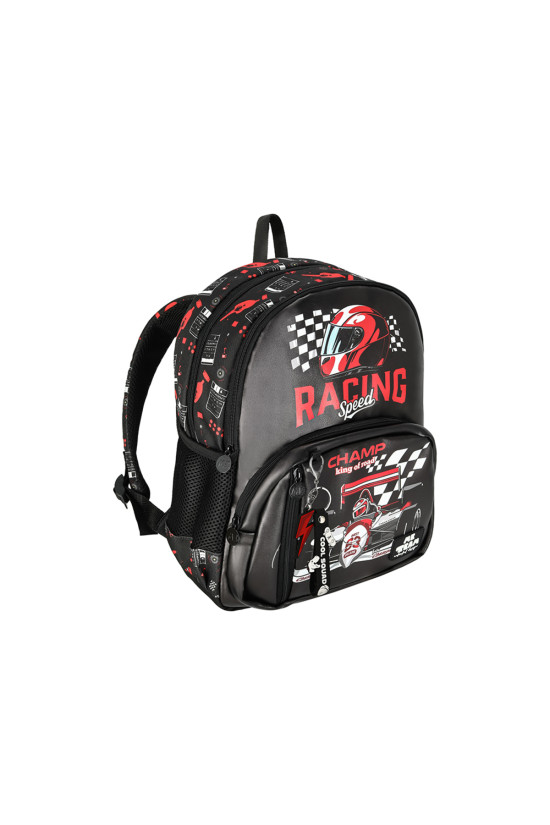 Me Team Çok Bölmeli Yarış temalı Siyah Okul çantası