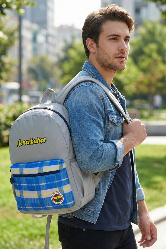 Fenerbahçe Lisanslı Ekose Detaylı Gri Orijinal Sırt çantası