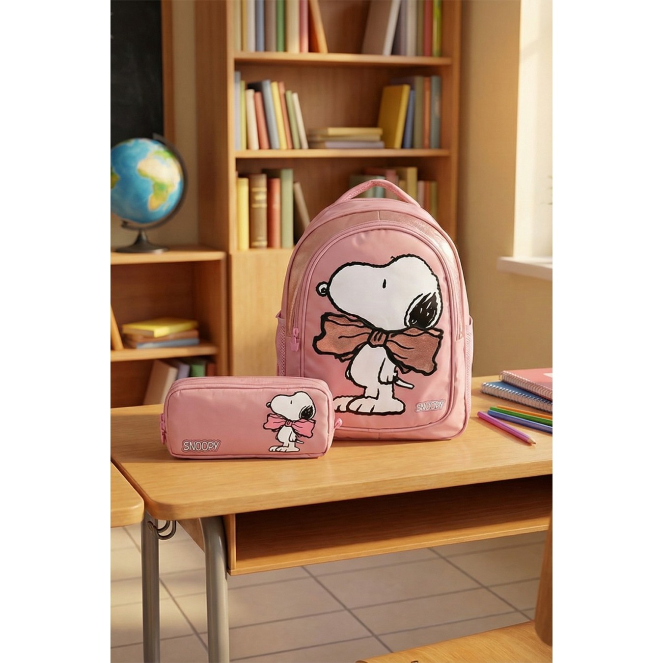 Snoopy Lisanslı BowTie Pembe Orijinal Okul Seti | Anaokulu çantası ve Kalemlik (500ml MATARA HEDİYELİ)