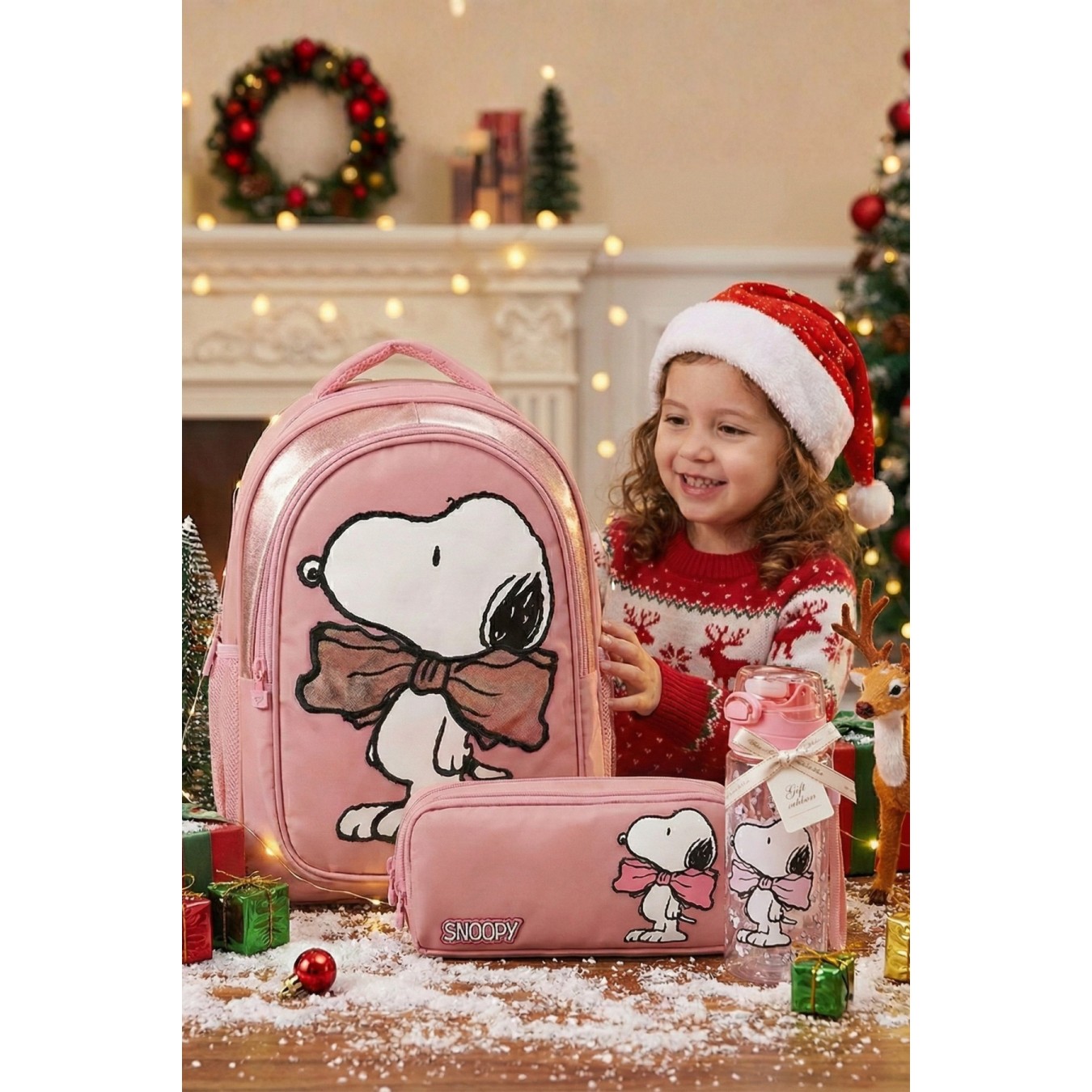 Snoopy Lisanslı BowTie Pembe Orijinal Okul Seti | Anaokulu çantası ve Kalemlik (500ml MATARA HEDİYELİ)