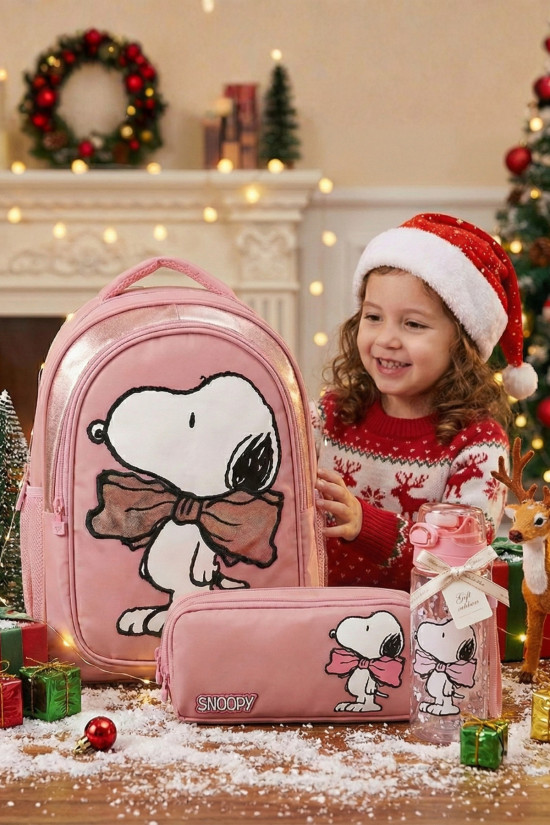 Snoopy Lisanslı BowTie Pembe Orijinal Okul Seti | Anaokulu çantası ve Kalemlik (500ml MATARA HEDİYELİ)