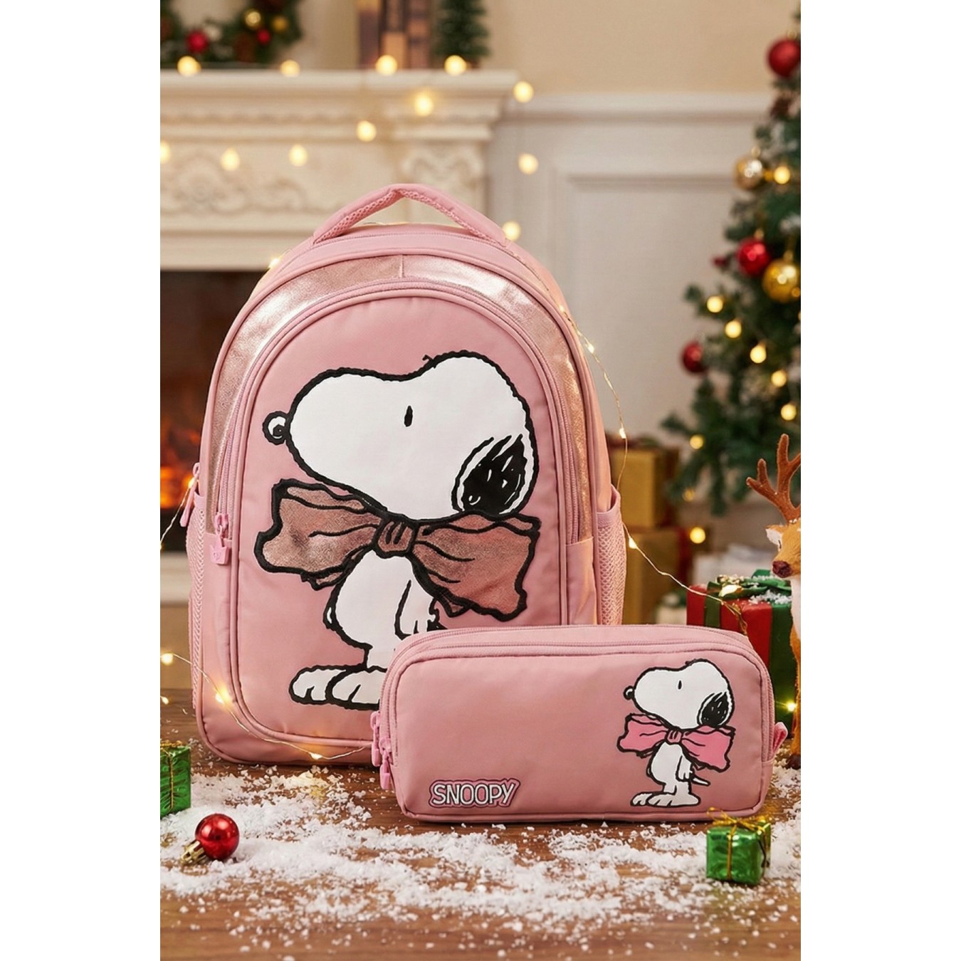 Snoopy Lisanslı BowTie Pembe Orijinal Okul Seti | Anaokulu çantası ve Kalemlik (500ml MATARA HEDİYELİ)