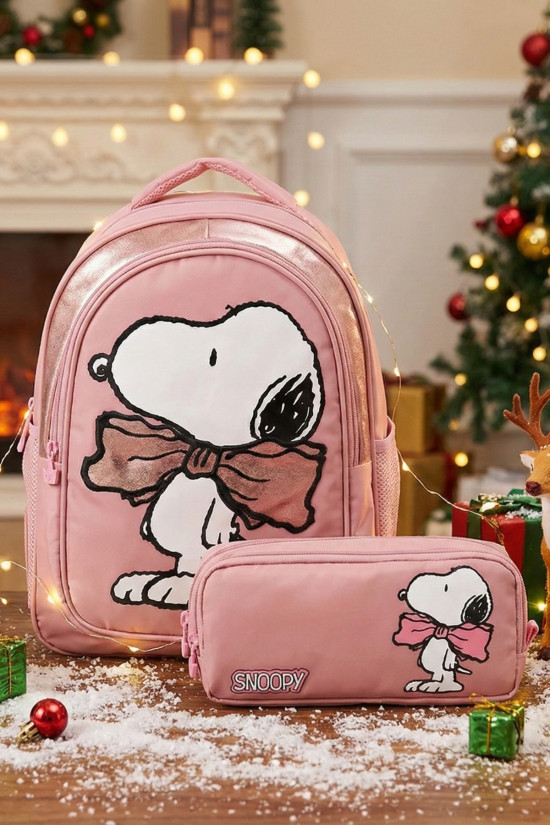 Snoopy Lisanslı BowTie Pembe Orijinal Okul Seti | Anaokulu çantası ve Kalemlik (500ml MATARA HEDİYELİ)