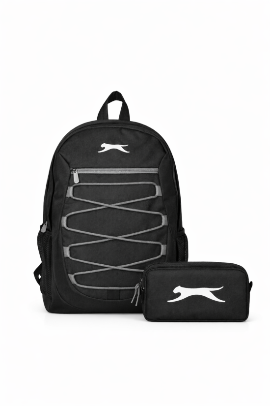 Slazenger Lisanslı 2’li Siyah Okul Seti - 3 Bölmeli Laptop Gözlü Sırt Çantası ve Çift Bölmeli Kalemlik