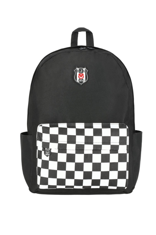 Beşiktaş Lisanslı Dama Desenli Ön Cep Detaylı Siyah Orijinal Sırt çantası
