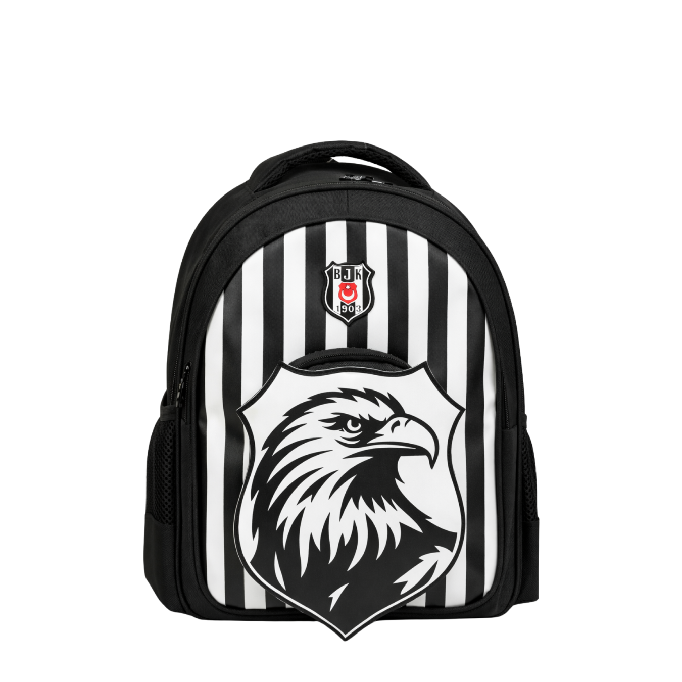 Beşiktaş Lisanslı Çubuklu Okul Çantası - 3 Bölmeli 3D Kartal Baskılı Siyah Beyaz Sırt Çantası