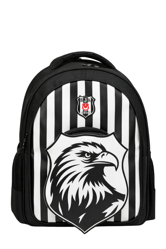 Beşiktaş Lisanslı Çubuklu Okul Çantası - 3 Bölmeli 3D Kartal Baskılı Siyah Beyaz Sırt Çantası